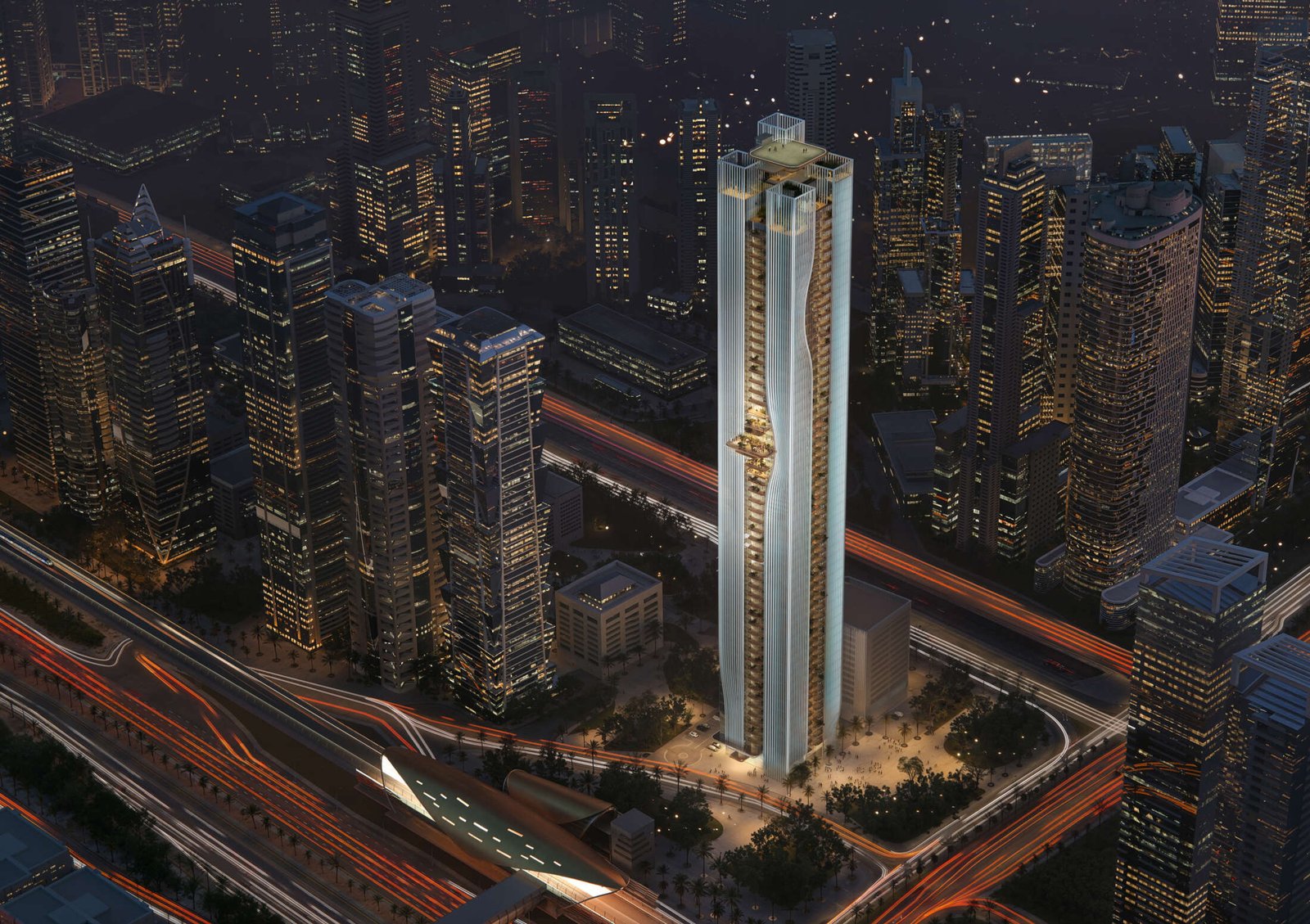 Architectural rendering of Berkeley Tower on Sheikh Zayed Road, Dubai
