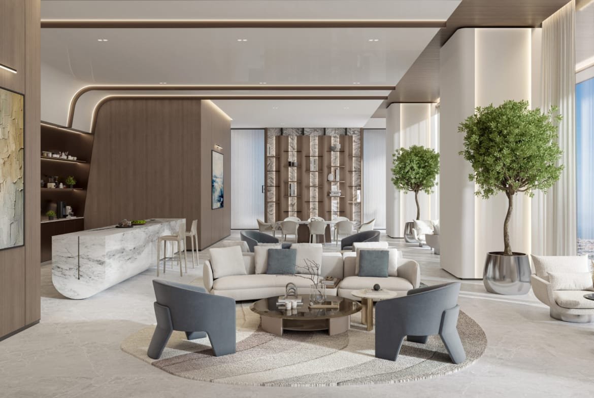 Co-working lounge with collaborative seating at Berkeley Tower