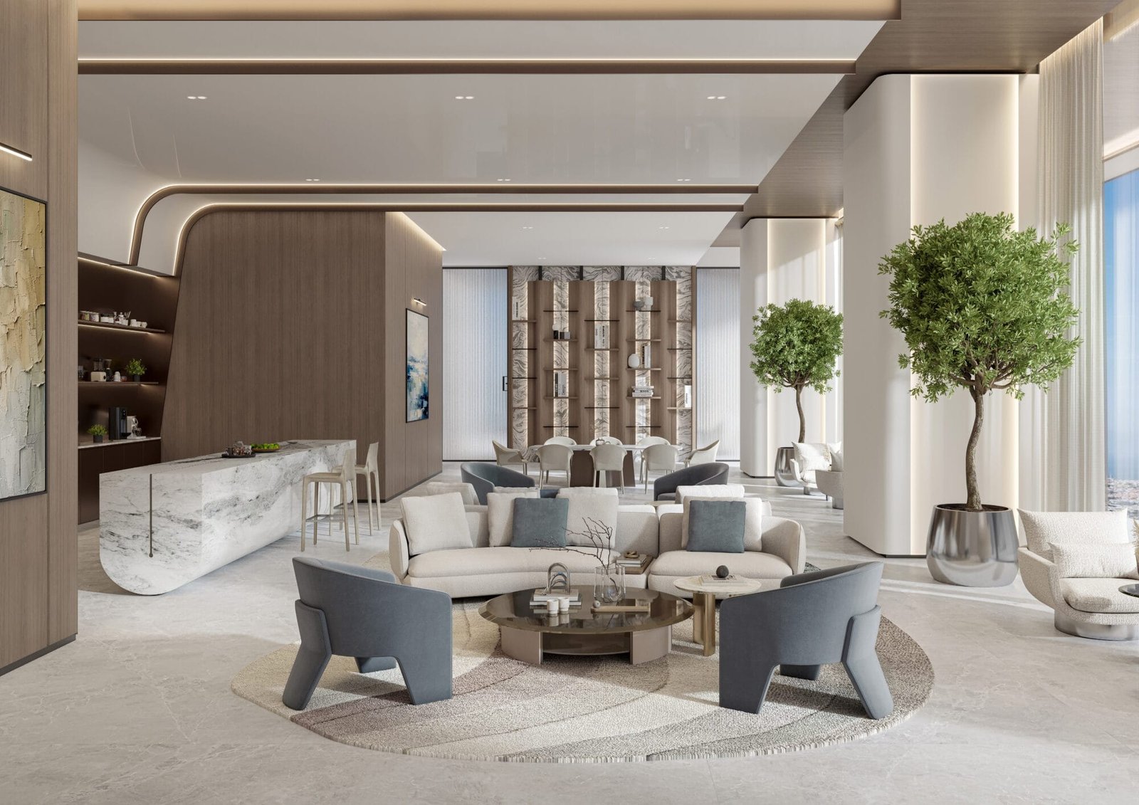 Co-working lounge with collaborative seating at Berkeley Tower