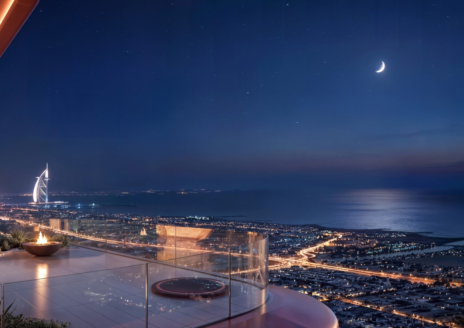 Outdoor terrace and Dubai skyline view at Berkeley Tower