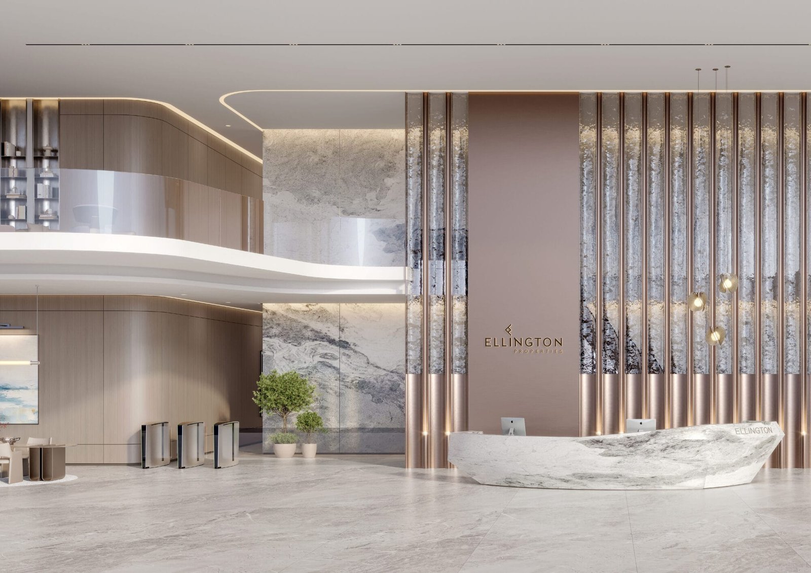 Double-height lobby and sculptural reception at Berkeley Tower