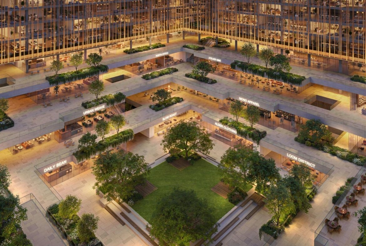 Landscaped central courtyard connecting The Yards Plaza office blocks