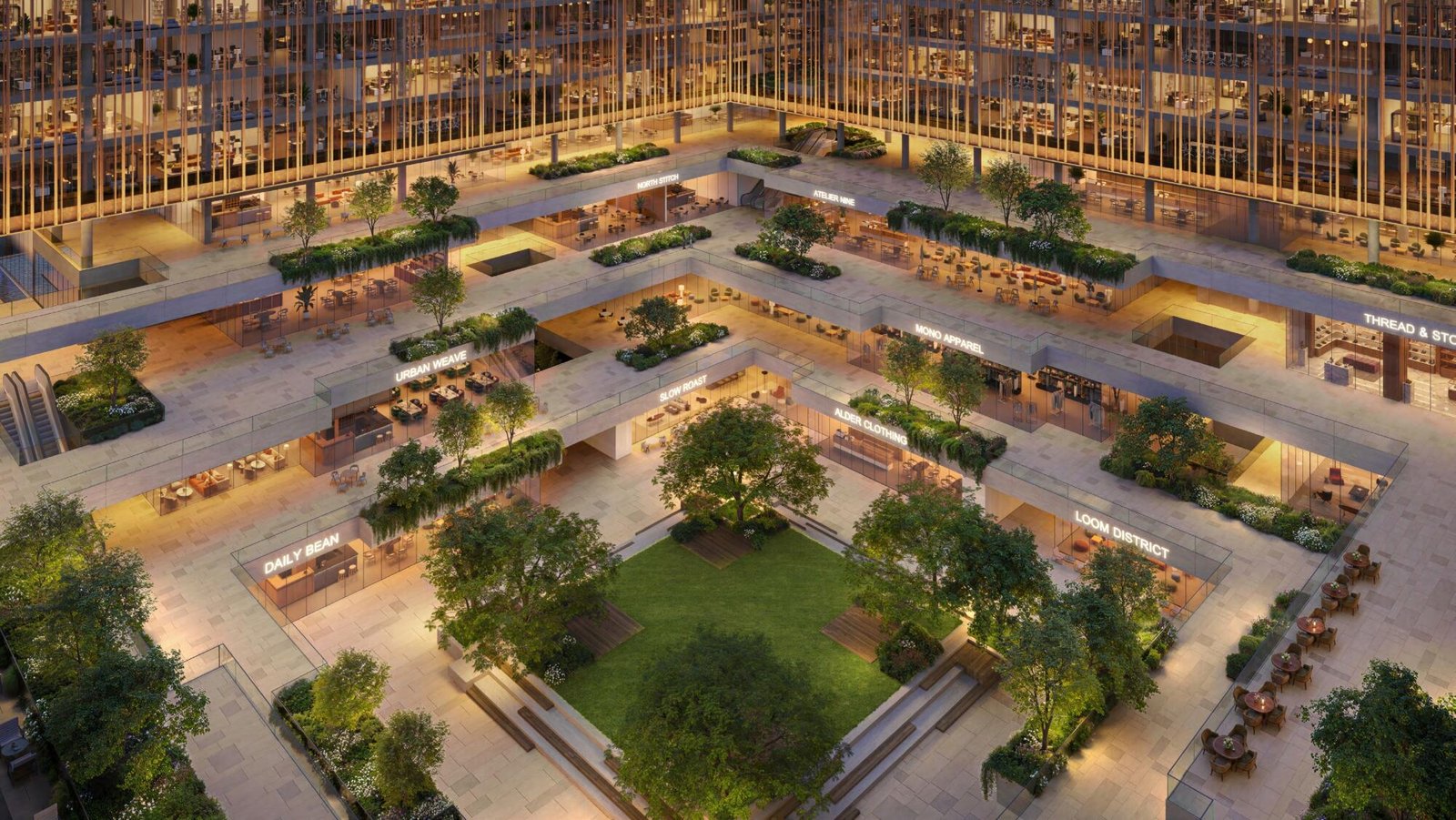 Landscaped central courtyard connecting The Yards Plaza office blocks